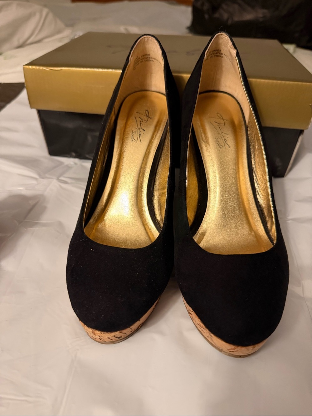 Thalia Sodi Black Suede Platform Pumps with Cork Sole